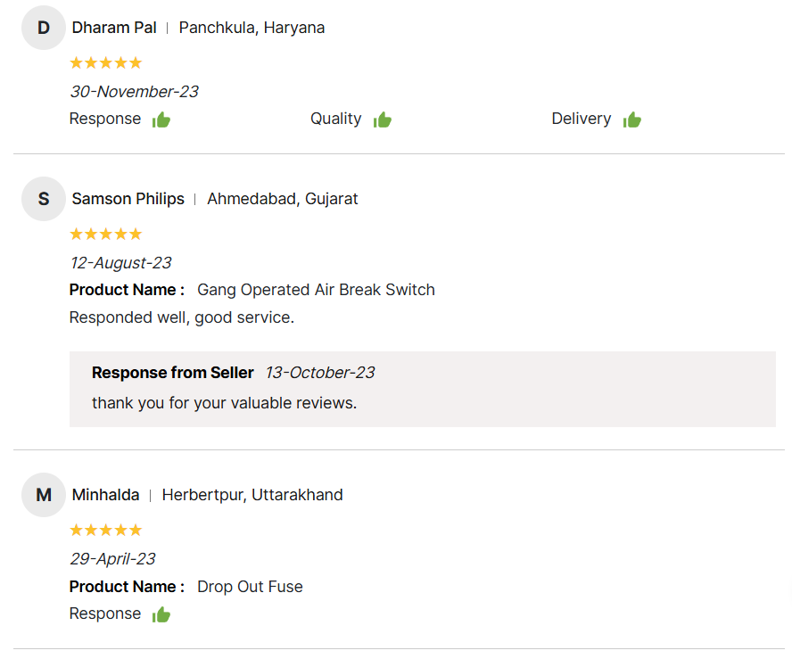 IndiaMART customer reviews for air break switches and drop out fuses
